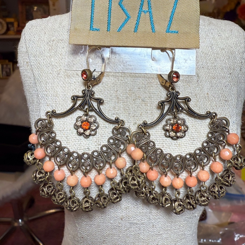 Antique Gold Filigree Chandelier Earrings with light coral faceted 4mm beads